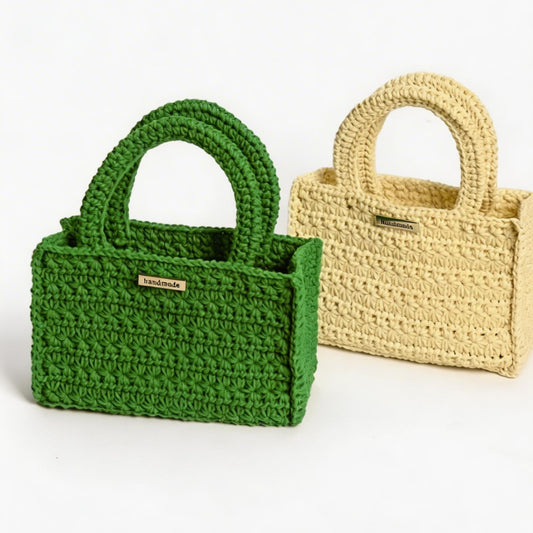 【手編みキット】綿100% 星形模様のスクエアバッグ |かごバッグ風・全37色|ボトルホルダーにもなるデイジーチャーム付き|編み方動画レシピ付き