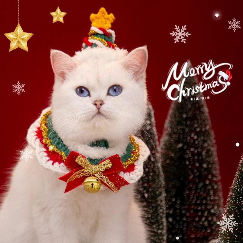 クリスマス ペット用ケープ&帽子セット|全4デザイン・2点セット・手編み|愛犬・愛猫へのプレゼントや撮影小物に最適🎄