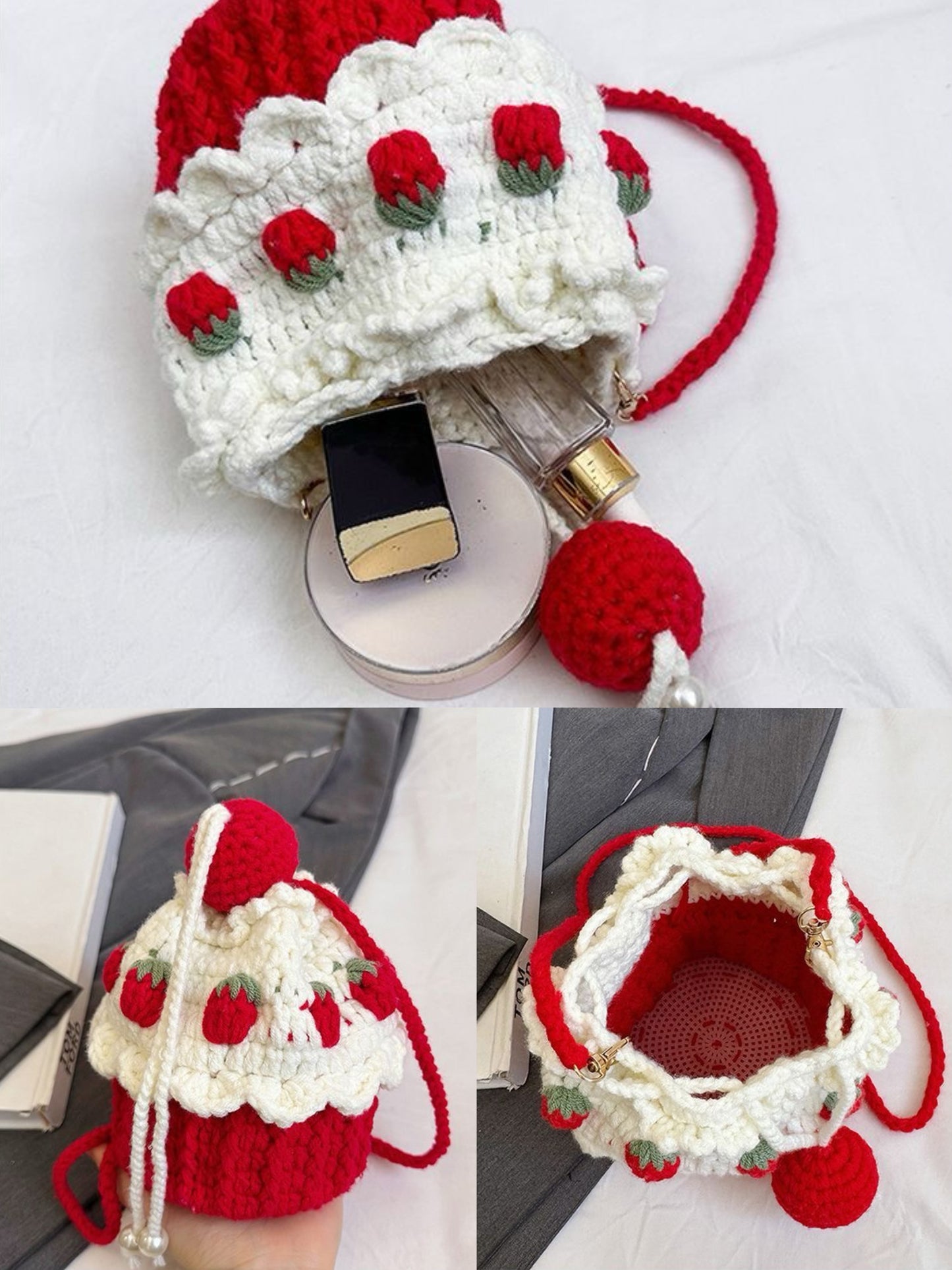 【クリスママスギフトセット】ショートケーキ巾着バッグ+手編み花束+マフラーの3点セット|色を自由に選べる|家族・友達・恋人へのクリスマスギフト