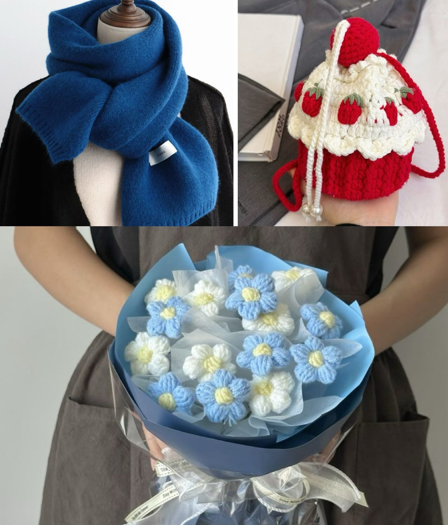 【クリスママスギフトセット】ショートケーキ巾着バッグ+手編み花束+マフラーの3点セット|色を自由に選べる|家族・友達・恋人へのクリスマスギフト