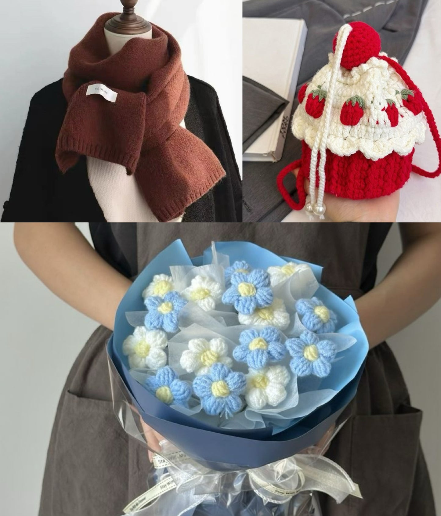 【クリスママスギフトセット】ショートケーキ巾着バッグ+手編み花束+マフラーの3点セット|色を自由に選べる|家族・友達・恋人へのクリスマスギフト