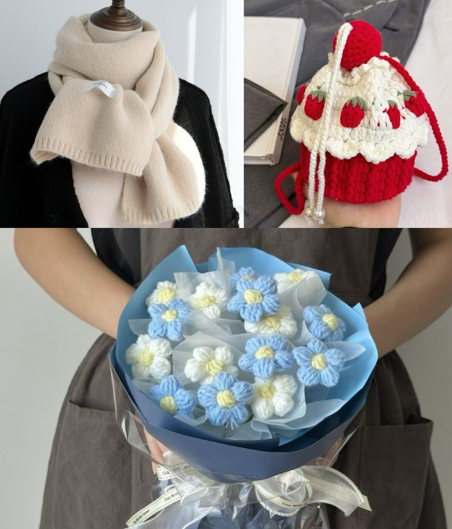 【クリスママスギフトセット】ショートケーキ巾着バッグ+手編み花束+マフラーの3点セット|色を自由に選べる|家族・友達・恋人へのクリスマスギフト