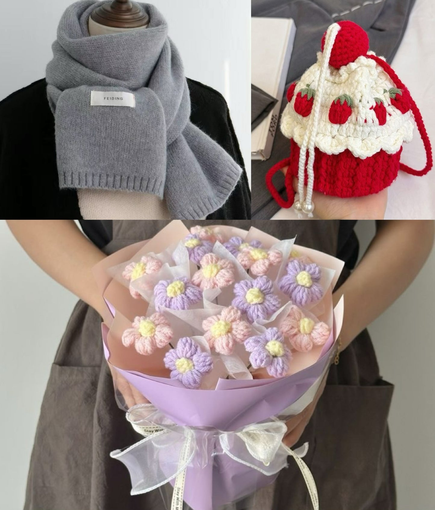 【クリスママスギフトセット】ショートケーキ巾着バッグ+手編み花束+マフラーの3点セット|色を自由に選べる|家族・友達・恋人へのクリスマスギフト
