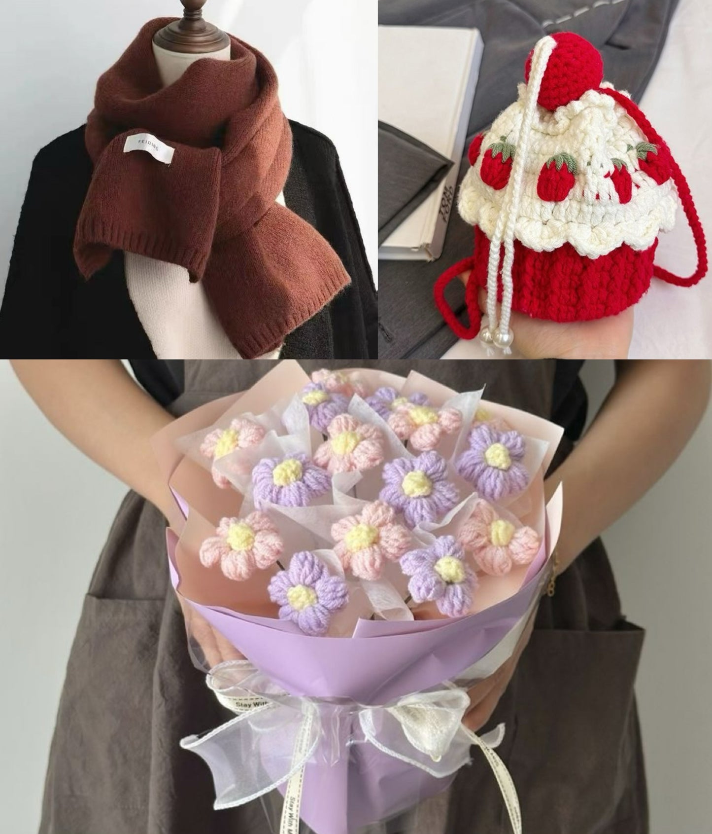 【クリスママスギフトセット】ショートケーキ巾着バッグ+手編み花束+マフラーの3点セット|色を自由に選べる|家族・友達・恋人へのクリスマスギフト