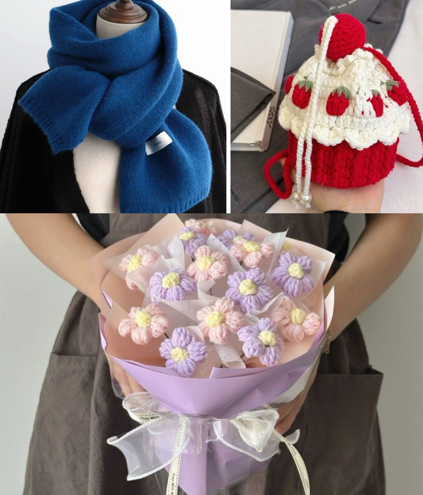 【クリスママスギフトセット】ショートケーキ巾着バッグ+手編み花束+マフラーの3点セット|色を自由に選べる|家族・友達・恋人へのクリスマスギフト