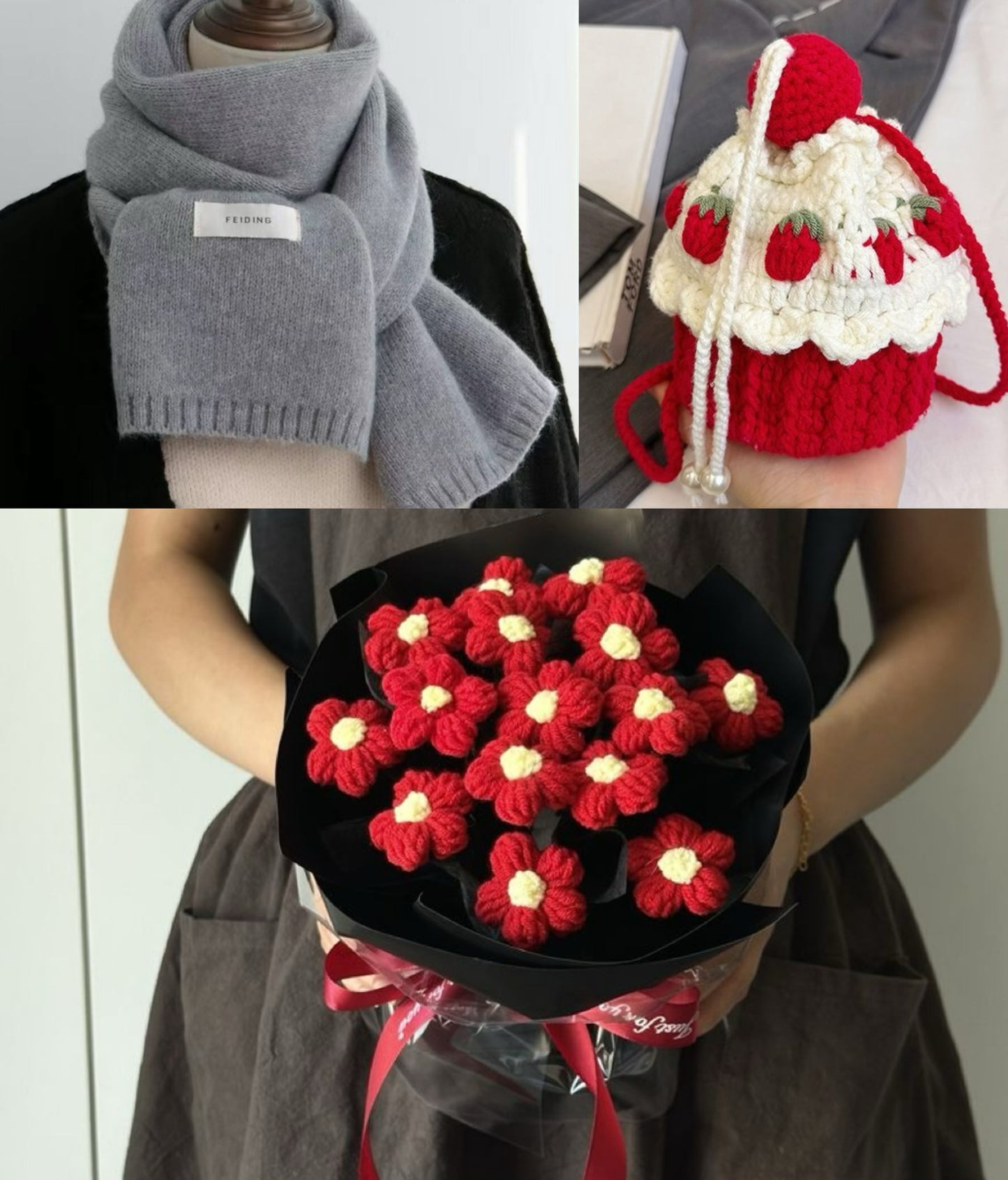 【クリスママスギフトセット】ショートケーキ巾着バッグ+手編み花束+マフラーの3点セット|色を自由に選べる|家族・友達・恋人へのクリスマスギフト