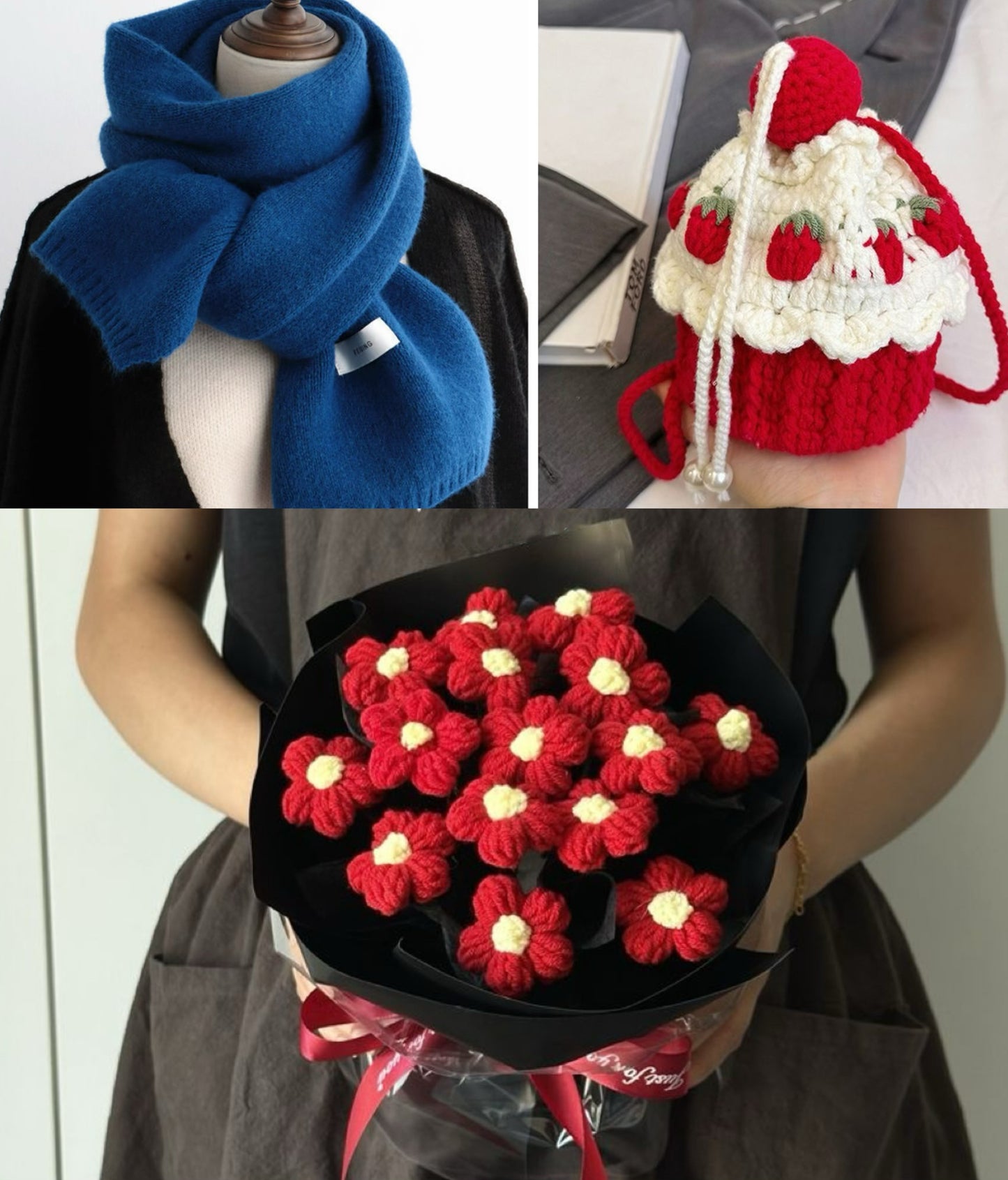 【クリスママスギフトセット】ショートケーキ巾着バッグ+手編み花束+マフラーの3点セット|色を自由に選べる|家族・友達・恋人へのクリスマスギフト