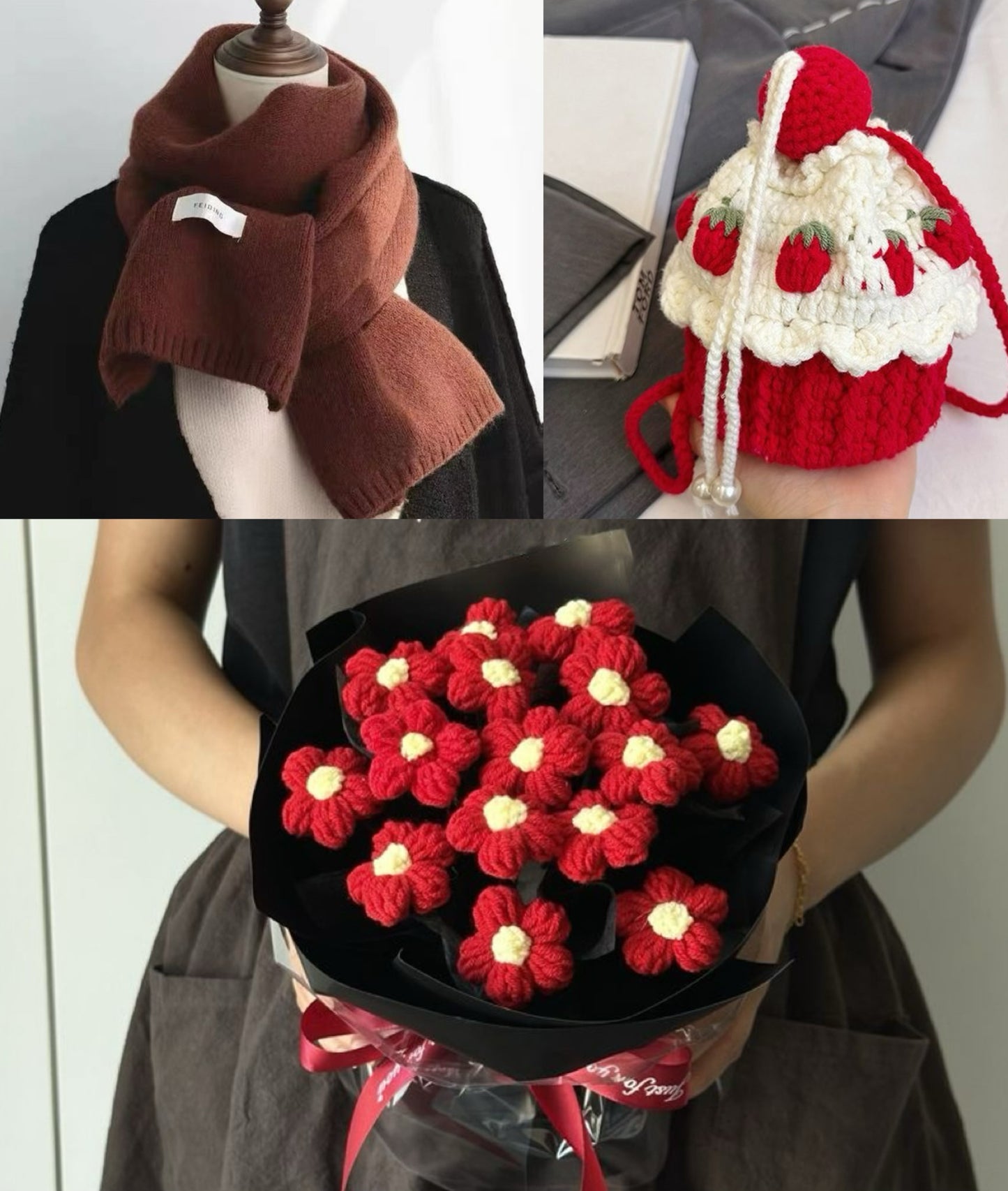 【クリスママスギフトセット】ショートケーキ巾着バッグ+手編み花束+マフラーの3点セット|色を自由に選べる|家族・友達・恋人へのクリスマスギフト