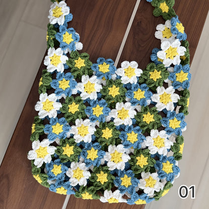 【手編みキット】花畑バッグ ｜インナーバッグ付き｜ぷっくりお花のモチーフ編みトートバッグ｜まるで持ち歩く花束｜春 夏 デイジーバッグ 編みレシピ付き