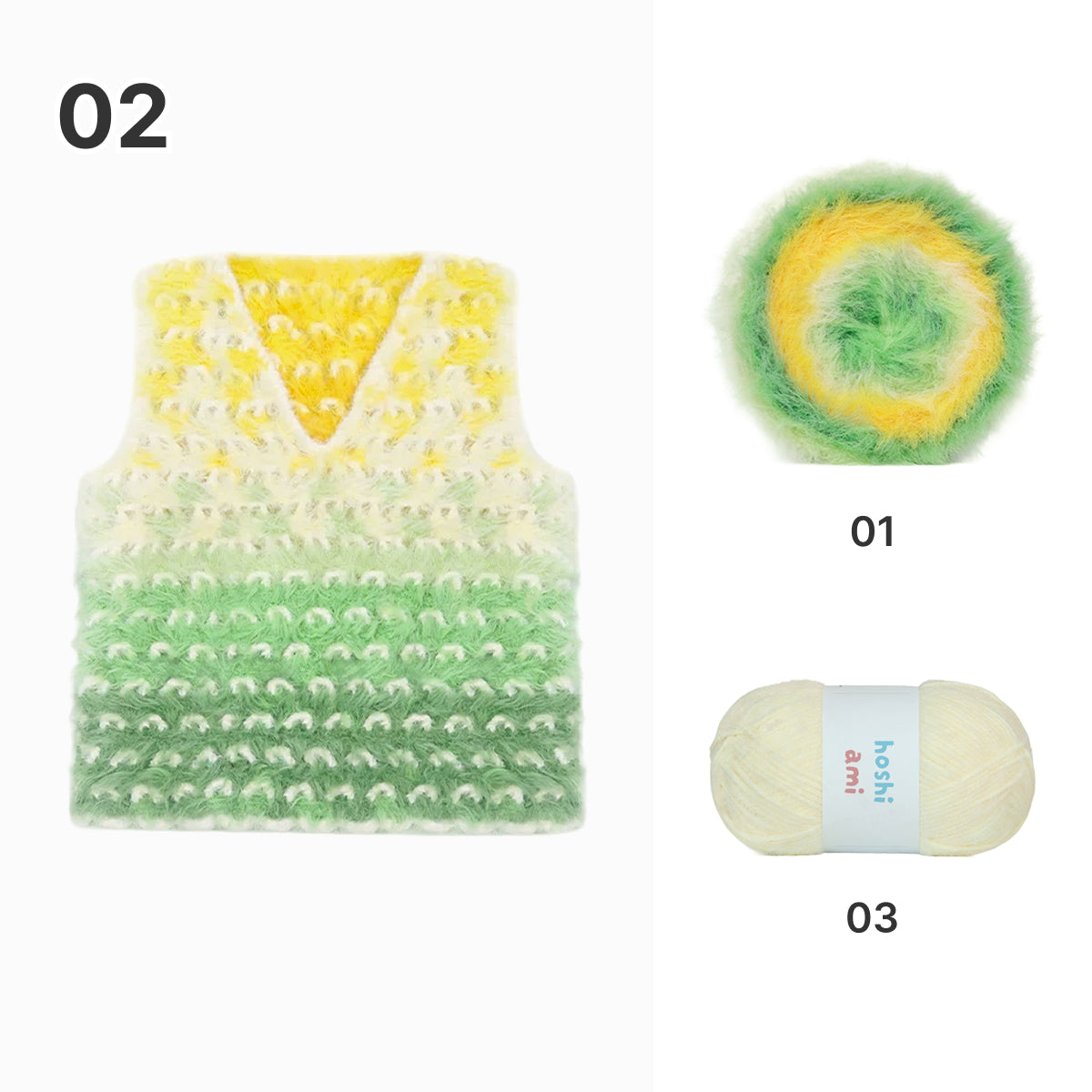 【手編みキット】Komorebi Vest（こもれびベスト）｜ふわふわグラデーションのVネックベスト｜ニットベスト｜大人・キッズ・親子おそろい｜編み図・動画付き