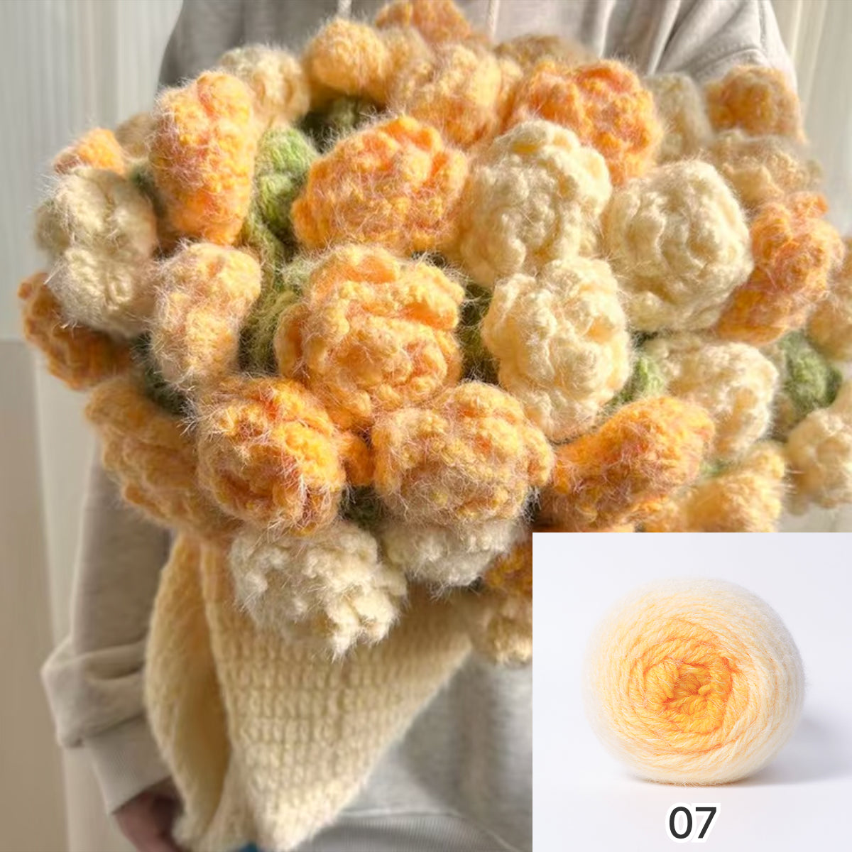【手編みキット】花束ブランケット｜SNSで話題！ロングファーヤーンで編む｜選べる4タイプ（葉っぱ有無×サイズ）　電子版編みレシピプレゼント！
