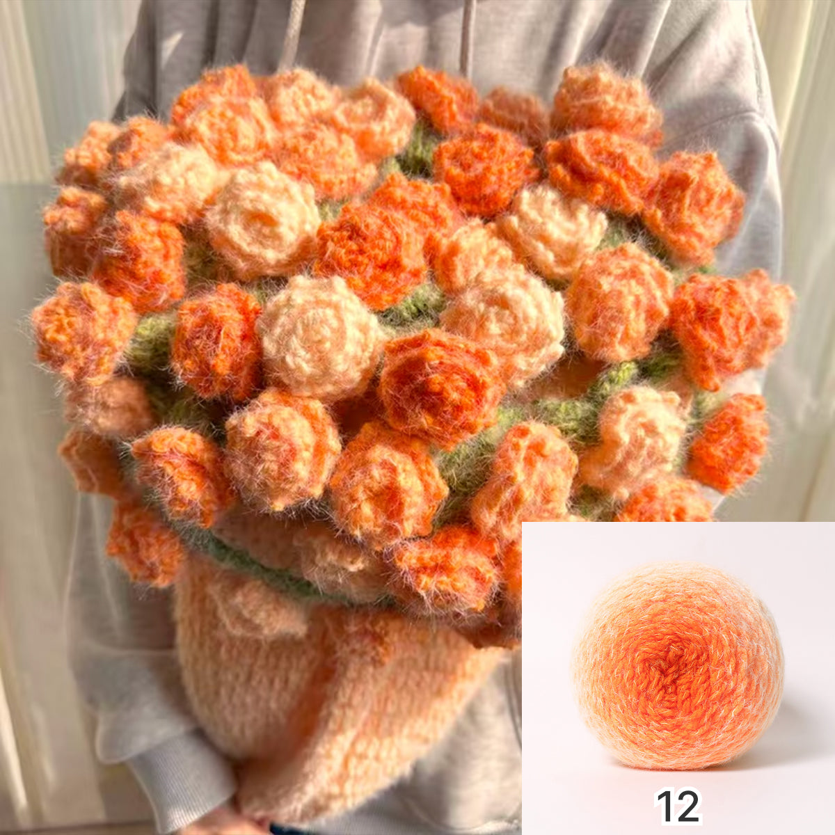 【手編みキット】花束ブランケット｜SNSで話題！ロングファーヤーンで編む｜選べる4タイプ（葉っぱ有無×サイズ）　電子版編みレシピプレゼント！