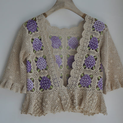 【手編みキット】Ajisai Cardigan（紫陽花カーディガン）｜紫陽花モチーフのかぎ針編み｜透かし編み×フリル｜レトロ・大人可愛い｜全7色・4サイズ｜編み図・動画付き