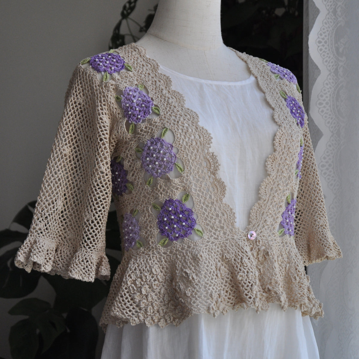 【手編みキット】Ajisai Cardigan（紫陽花カーディガン）｜紫陽花モチーフのかぎ針編み｜透かし編み×フリル｜レトロ・大人可愛い｜全7色・4サイズ｜編み図・動画付き