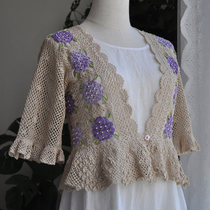 【手編みキット】Ajisai Cardigan（紫陽花カーディガン）｜紫陽花モチーフのかぎ針編み｜透かし編み×フリル｜レトロ・大人可愛い｜全7色・4サイズ｜編み図・動画付き