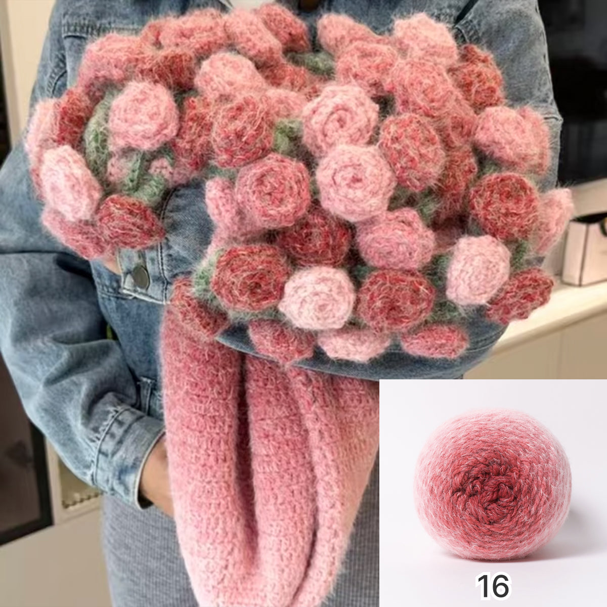 【手編みキット】花束ブランケット｜SNSで話題！ロングファーヤーンで編む｜選べる4タイプ（葉っぱ有無×サイズ）全14色展開 　電子版編みレシピプレゼント！