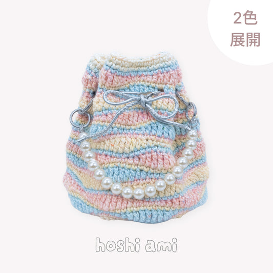 【手編みキット】Mousse Bag（ムースバッグ）｜4色淡色ミックスの巾着バッグ｜Mousse Cotton使用｜パールチェーン＆ハートチャーム付き｜オールインワンキット｜編み図・動画付き