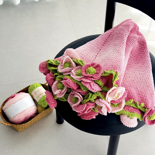 【手編みキット】虞美人草（ポピー）ブランケット｜花モチーフ｜ピンクグラデーション｜ギフトにも｜初心者さんOK｜動画＋電子版編み図付き
