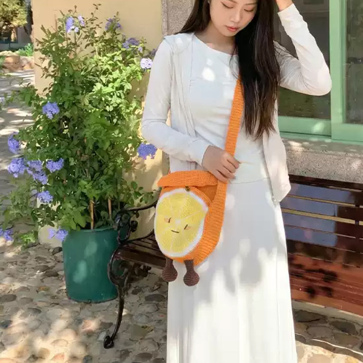 【手編みキット】Fruit-chan Bag（フルーツちゃんバッグ）｜レトロかわいいフルーツモチーフバッグ｜あみぐるみ風・オレンジ＆青りんご｜春夏コットン｜初心者向け｜編み図・動画付き