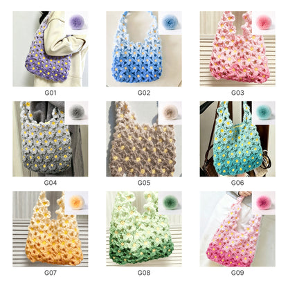 【手編みキット】花畑バッグ ｜インナーバッグ付き｜ぷっくりお花のモチーフ編みトートバッグ｜まるで持ち歩く花束｜春 夏 デイジーバッグ 編みレシピ付き