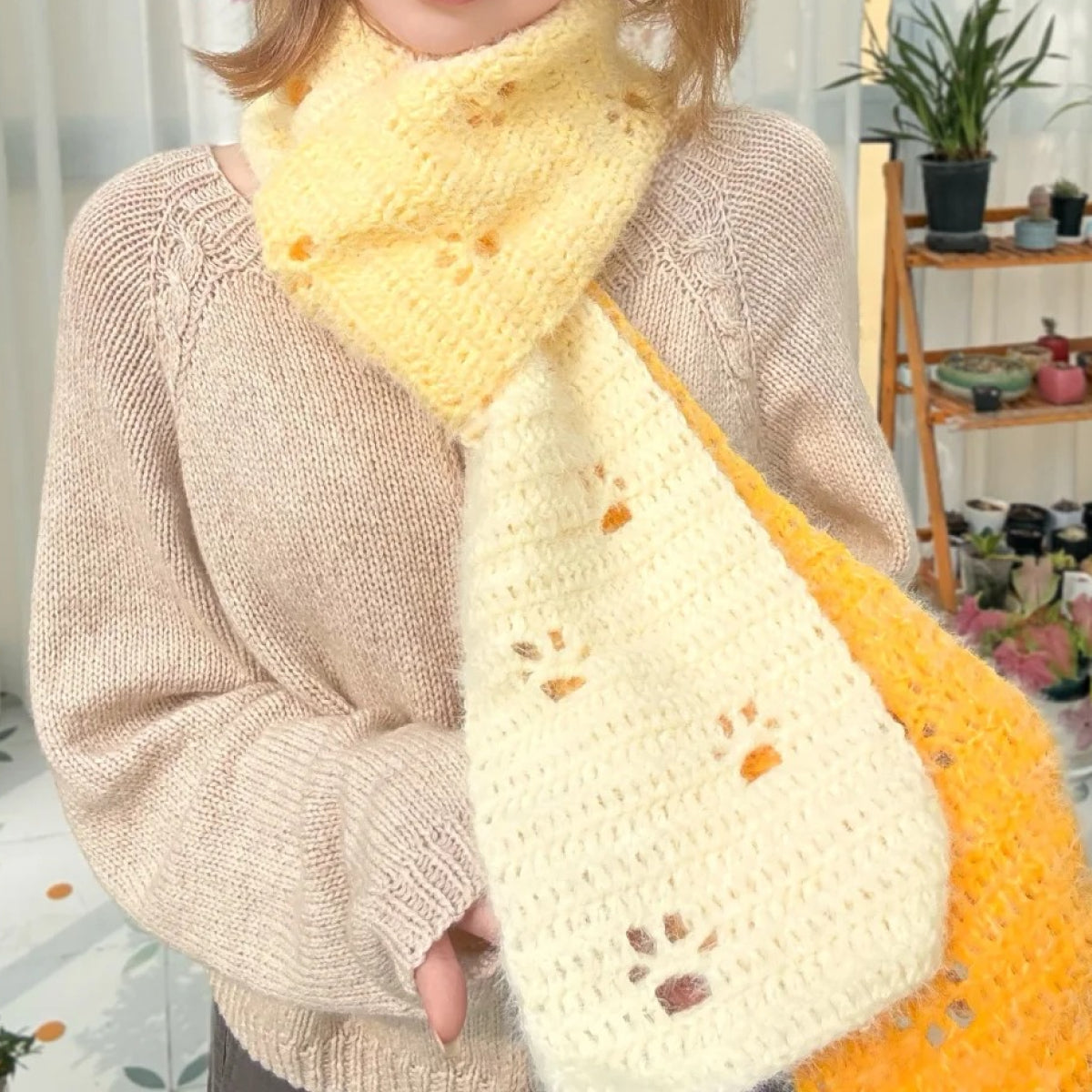 手編みキット】猫の足跡マフラー｜ロングファーヤーン1玉で作る｜ほし
