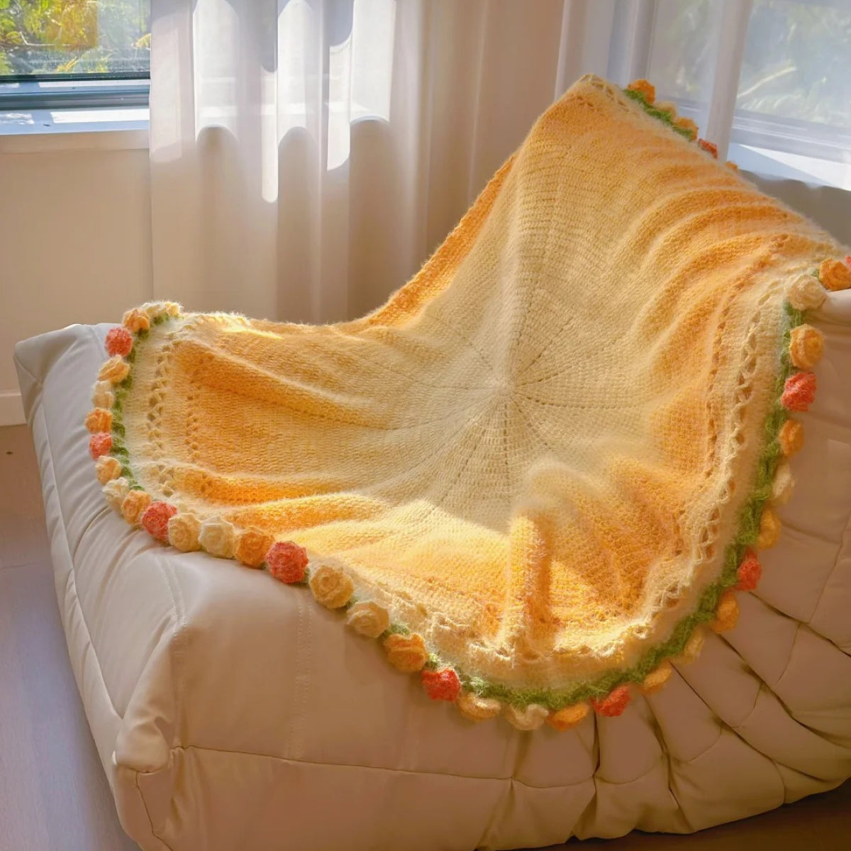 【手編みキット】花束ブランケット｜SNSで話題！ロングファーヤーンで編む｜選べる4タイプ（葉っぱ有無×サイズ）全14色展開 　電子版編みレシピプレゼント！