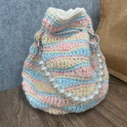 【手編みキット】Mousse Bag（ムースバッグ）｜4色淡色ミックスの巾着バッグ｜Mousse Cotton使用｜パールチェーン＆ハートチャーム付き｜オールインワンキット｜編み図・動画付き