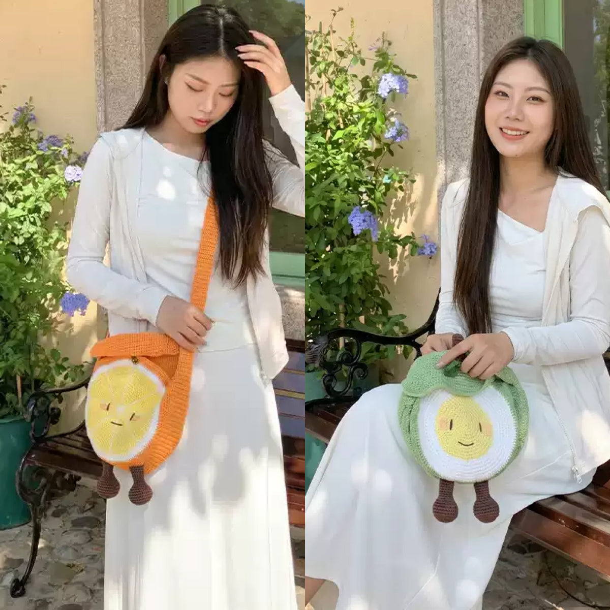 【手編みキット】Fruit-chan Bag（フルーツちゃんバッグ）｜レトロかわいいフルーツモチーフバッグ｜あみぐるみ風・オレンジ＆青りんご｜春夏コットン｜初心者向け｜編み図・動画付き