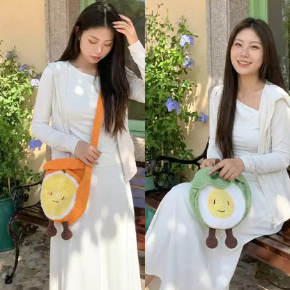 【手編みキット】Fruit-chan Bag（フルーツちゃんバッグ）｜レトロかわいいフルーツモチーフバッグ｜あみぐるみ風・オレンジ＆青りんご｜春夏コットン｜初心者向け｜編み図・動画付き