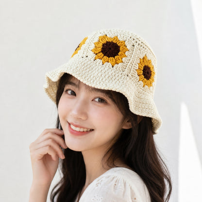 【手編みキット】Sunflower Granny Hat（ひまわり・お花・グラニーハット）｜春夏コーデに最適｜初心者向け｜SNSで大人気｜編み方動画付き