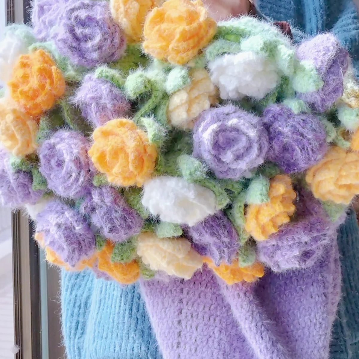 【手編みキット】花束ブランケット｜SNSで話題！ロングファーヤーンで編む｜選べる4タイプ（葉っぱ有無×サイズ）全14色展開 　電子版編みレシピプレゼント！