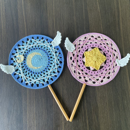 【手編みキット】Ami Uchiwa（あみうちわ）｜星月シリーズ｜毛糸で編む星と月のうちわ｜丸型フレーム付き｜繊細な透かし編み｜編み図＋編み動画付き