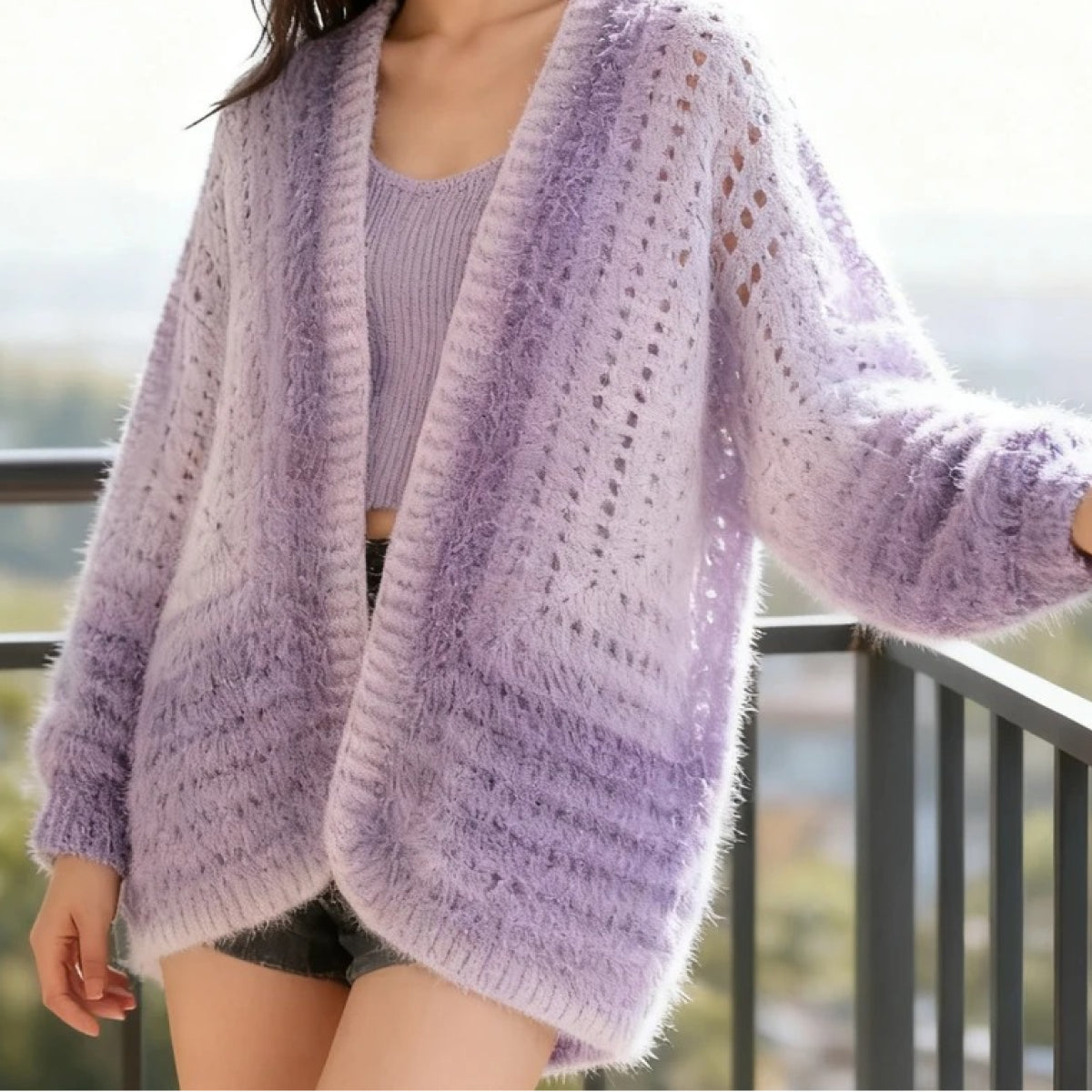 手編み✴️パープル衿付きカーディガン ✴️XL 片畦編み ニット カーディガン[品番：AZ000004444]｜andme（アンドミー