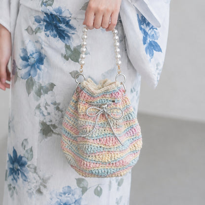 【手編みキット】Mousse Bag（ムースバッグ）｜4色淡色ミックスの巾着バッグ｜Mousse Cotton使用｜パールチェーン＆ハートチャーム付き｜オールインワンキット｜編み図・動画付き
