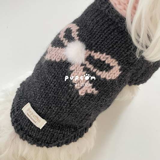 ほしあみ × 英国ブランド Pupcom コラボ 犬服 「Black x pink リボン」  手編みニット ハンドメイド ペット服 冬用 ギフト向け
