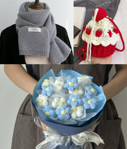 【クリスママスギフトセット】ショートケーキ巾着バッグ＋手編み花束＋マフラーの3点セット｜色を自由に選べる｜家族・友達・恋人へのクリスマスギフト