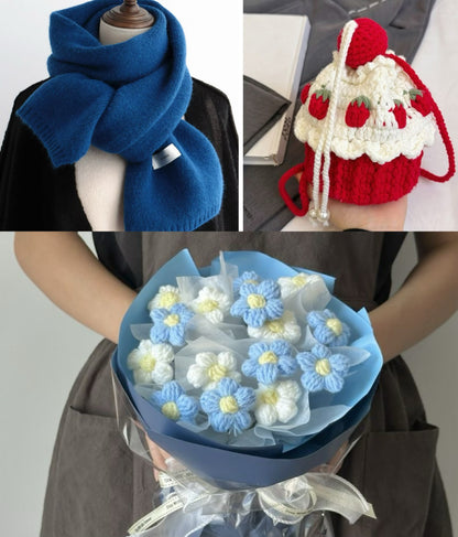 【クリスママスギフトセット】ショートケーキ巾着バッグ＋手編み花束＋マフラーの3点セット｜色を自由に選べる｜家族・友達・恋人へのクリスマスギフト