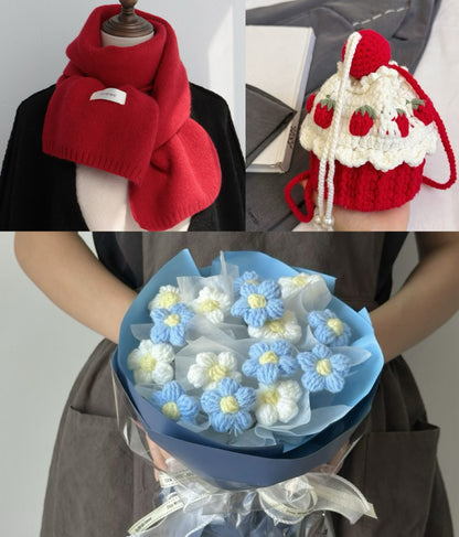 【クリスママスギフトセット】ショートケーキ巾着バッグ＋手編み花束＋マフラーの3点セット｜色を自由に選べる｜家族・友達・恋人へのクリスマスギフト
