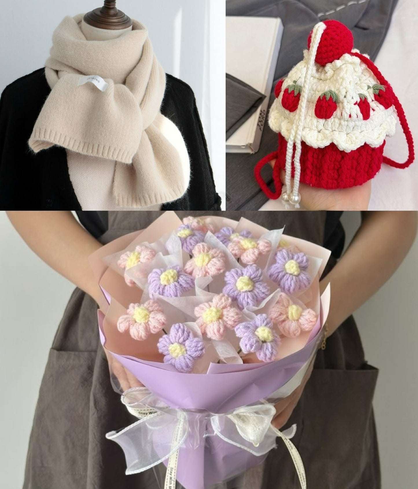 【クリスママスギフトセット】ショートケーキ巾着バッグ＋手編み花束＋マフラーの3点セット｜色を自由に選べる｜家族・友達・恋人へのクリスマスギフト