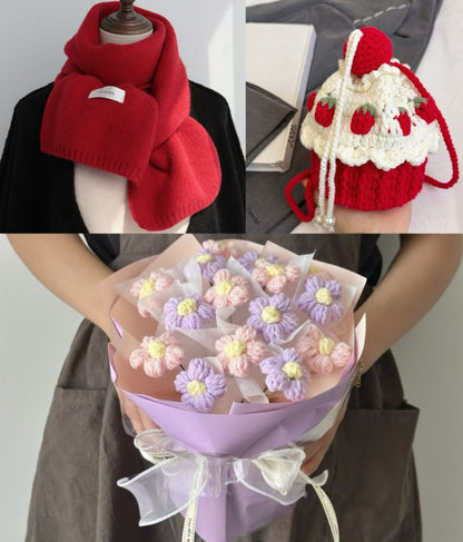 【クリスママスギフトセット】ショートケーキ巾着バッグ＋手編み花束＋マフラーの3点セット｜色を自由に選べる｜家族・友達・恋人へのクリスマスギフト