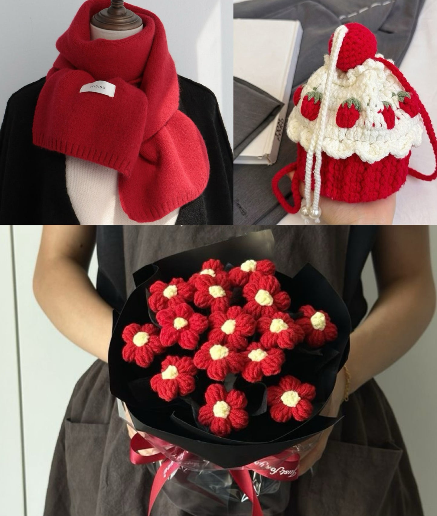【クリスママスギフトセット】ショートケーキ巾着バッグ＋手編み花束＋マフラーの3点セット｜色を自由に選べる｜家族・友達・恋人へのクリスマスギフト