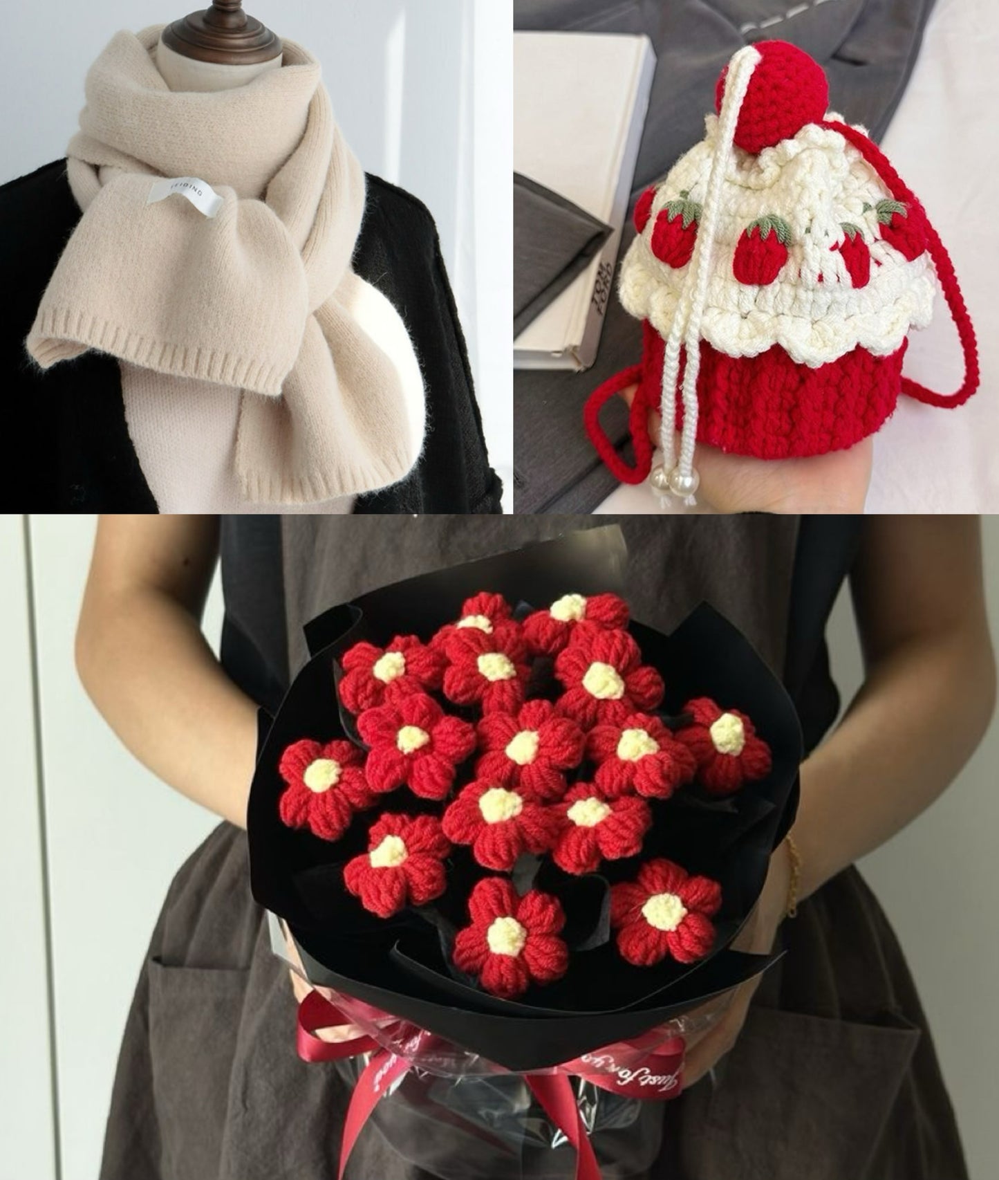【クリスママスギフトセット】ショートケーキ巾着バッグ＋手編み花束＋マフラーの3点セット｜色を自由に選べる｜家族・友達・恋人へのクリスマスギフト