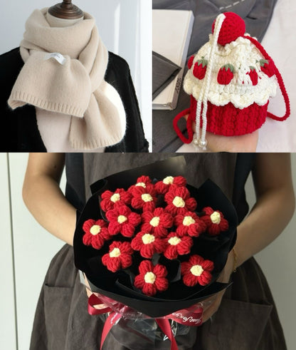 【クリスママスギフトセット】ショートケーキ巾着バッグ＋手編み花束＋マフラーの3点セット｜色を自由に選べる｜家族・友達・恋人へのクリスマスギフト