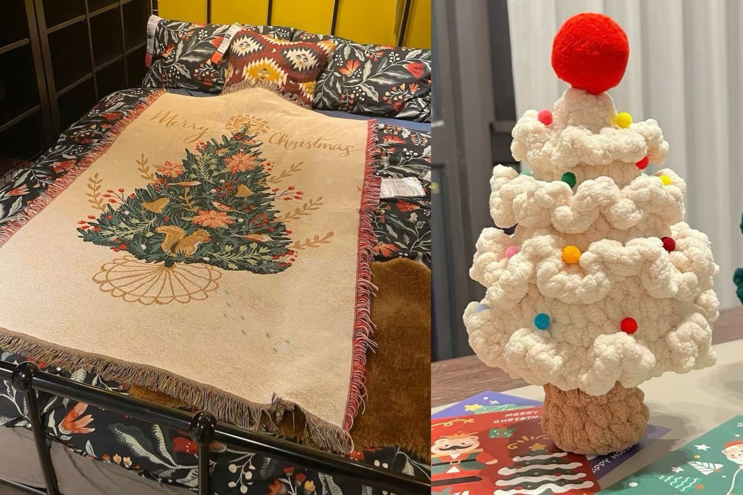 【クリスママスギフトセット】北欧風ブランケット＋手編み風クリスマスツリーの2点セット ｜全4柄・おしゃれであたたかい大判スローケット｜ソファ・ベッド・ひざ掛けにもおすすめ｜家族・友達・恋人 ギフト