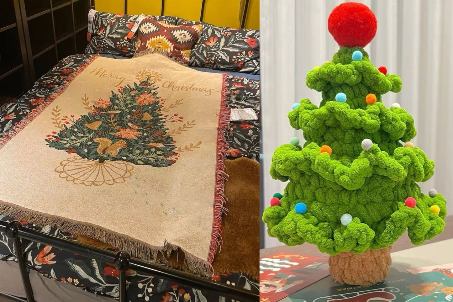 【クリスママスギフトセット】北欧風ブランケット＋手編み風クリスマスツリーの2点セット ｜全4柄・おしゃれであたたかい大判スローケット｜ソファ・ベッド・ひざ掛けにもおすすめ｜家族・友達・恋人 ギフト