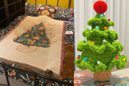 【クリスママスギフトセット】北欧風ブランケット＋手編み風クリスマスツリーの2点セット ｜全4柄・おしゃれであたたかい大判スローケット｜ソファ・ベッド・ひざ掛けにもおすすめ｜家族・友達・恋人 ギフト