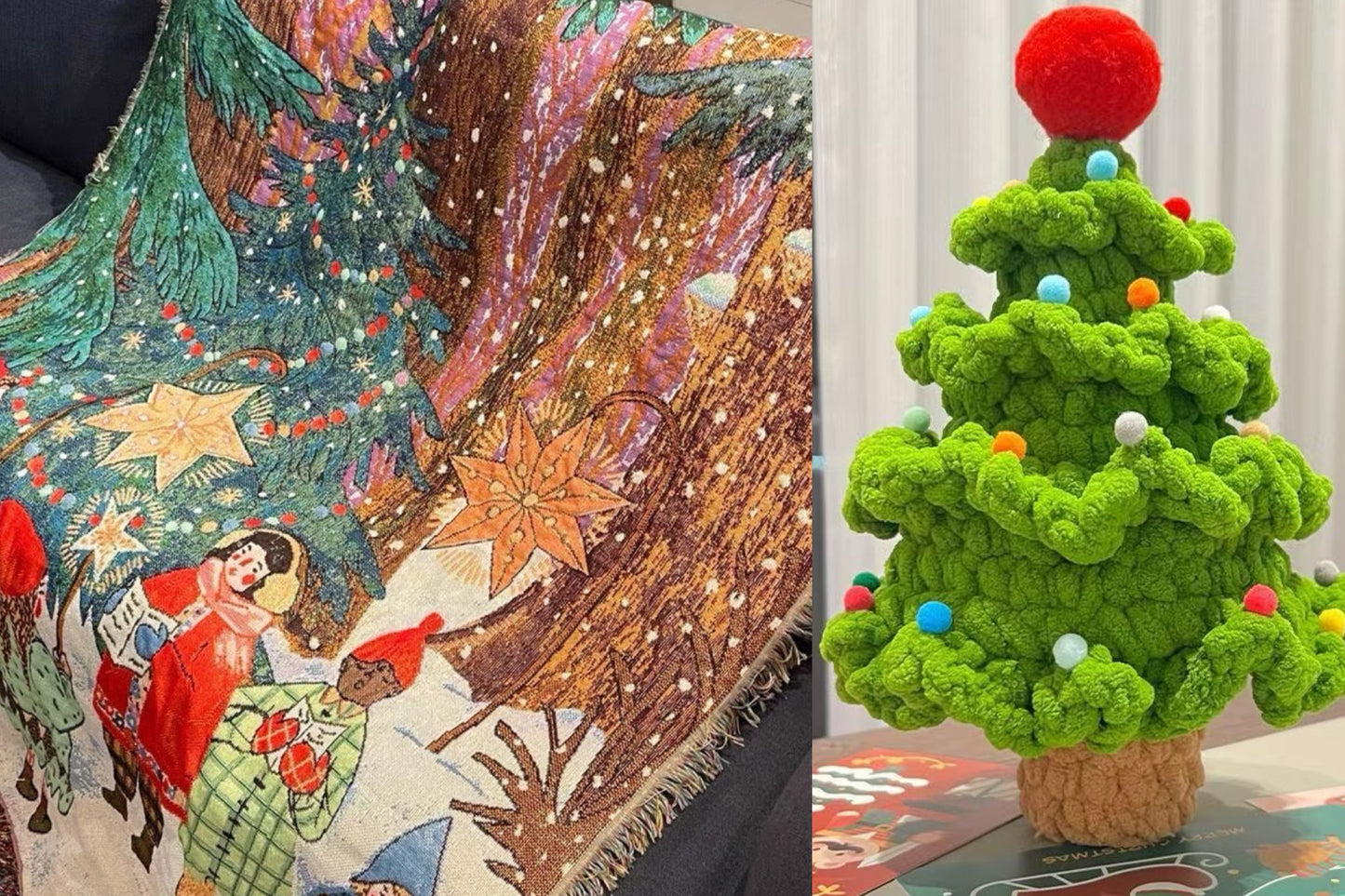 【クリスママスギフトセット】北欧風ブランケット＋手編み風クリスマスツリーの2点セット ｜全4柄・おしゃれであたたかい大判スローケット｜ソファ・ベッド・ひざ掛けにもおすすめ｜家族・友達・恋人 ギフト