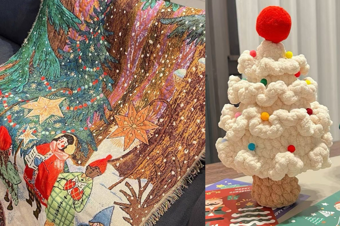 【クリスママスギフトセット】北欧風ブランケット＋手編み風クリスマスツリーの2点セット ｜全4柄・おしゃれであたたかい大判スローケット｜ソファ・ベッド・ひざ掛けにもおすすめ｜家族・友達・恋人 ギフト