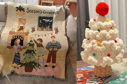 【クリスママスギフトセット】北欧風ブランケット＋手編み風クリスマスツリーの2点セット ｜全4柄・おしゃれであたたかい大判スローケット｜ソファ・ベッド・ひざ掛けにもおすすめ｜家族・友達・恋人 ギフト