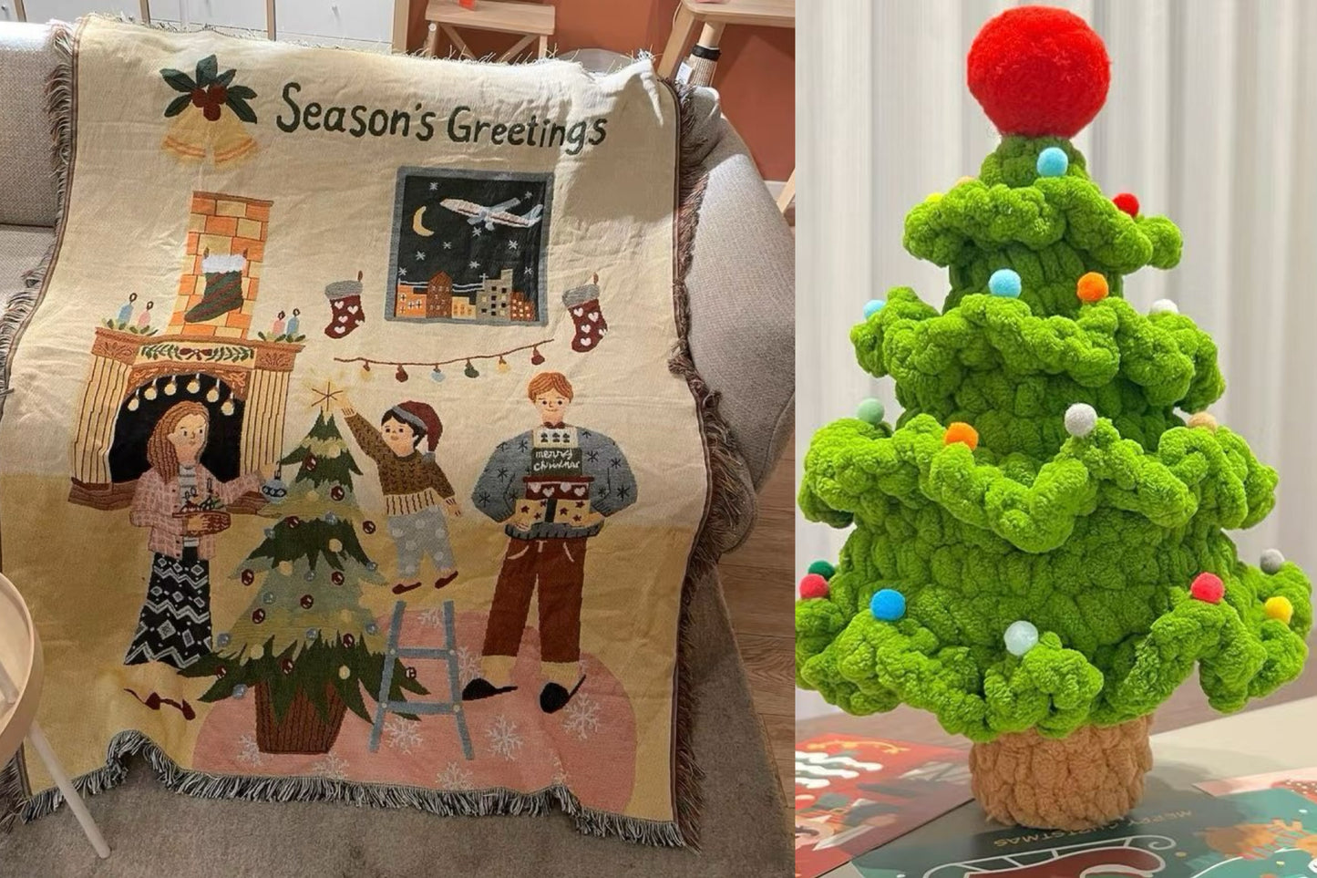 【クリスママスギフトセット】北欧風ブランケット＋手編み風クリスマスツリーの2点セット ｜全4柄・おしゃれであたたかい大判スローケット｜ソファ・ベッド・ひざ掛けにもおすすめ｜家族・友達・恋人 ギフト